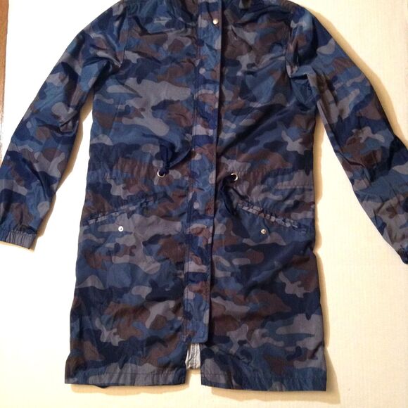Camo Jacket Windbreaker Womens L Blue Brown Waxy Lightweight Hooded Gorpcore - Picture 5 of 12